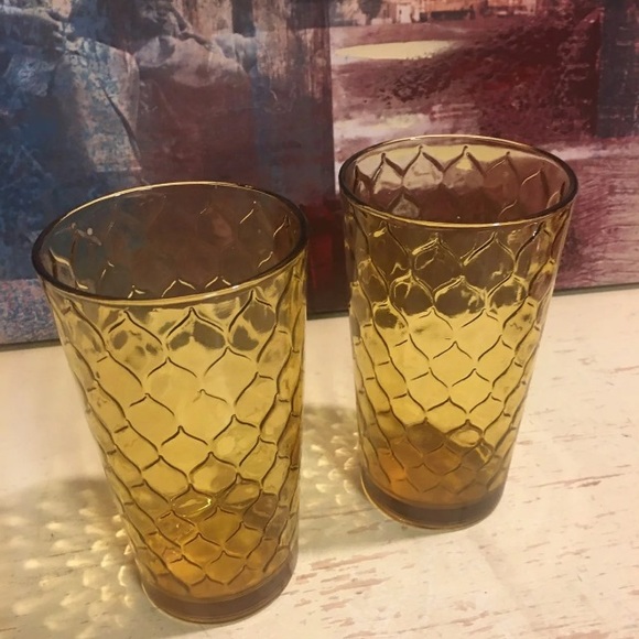 Vintage Anchor Hocking Amber Glass Diamond Scale Pattern Drinking Cups Tumblers - Picture 2 of 7